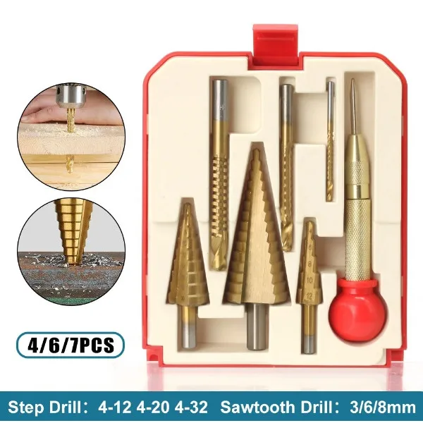 7PCS HSS Step Drill Bit Sets Straight Trough Titanium Coated Cone Hole Cutter Auto Center
7PCS HSS Step Drill Bit Sets Straight Trough Titanium Coated Cone Hole Cutter Auto Center