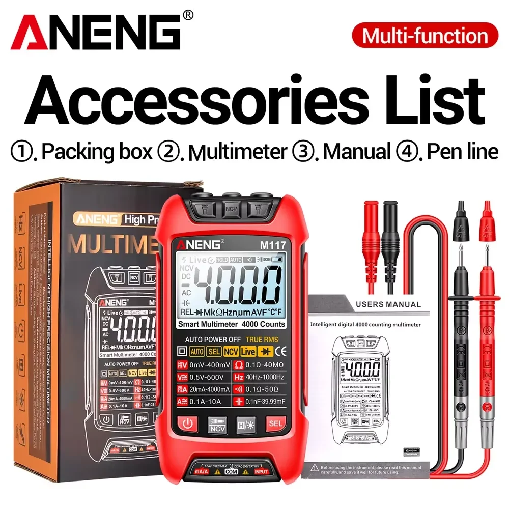 Цифровой мультиметр ANENG M117 с 4000 измерениями True RMS, автоматическим выбором диапазона, измерением напряжения AC/DC, тока, сопротивления, емкости, детектором NCV
Цифровой мультиметр ANENG M117 с 4000 измерениями True RMS, автоматическим выбором диапазона, измерением напряжения AC/DC, тока, сопротивления, емкости, детектором NCV