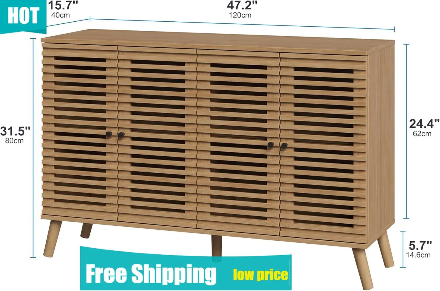 47" W Buffet Cabinet with 4 Slatted Doors, Mid-Century Buffet Sideboard with Shelves, Accent Storage Cabinets Cupboard Console f
47" W Buffet Cabinet with 4 Slatted Doors, Mid-Century Buffet Sideboard with Shelves, Accent Storage Cabinets Cupboard Console f