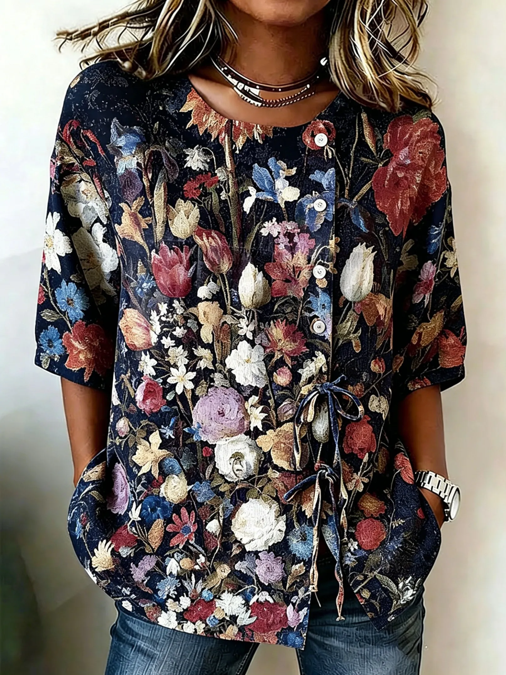 Women's Spring Summer Drawstring Blouse, Dark Floral Oil Painting Print Casual Tops for Daily Street Holiday Dating Outfit
Women's Spring Summer Drawstring Blouse, Dark Floral Oil Painting Print Casual Tops for Daily Street Holiday Dating Outfit