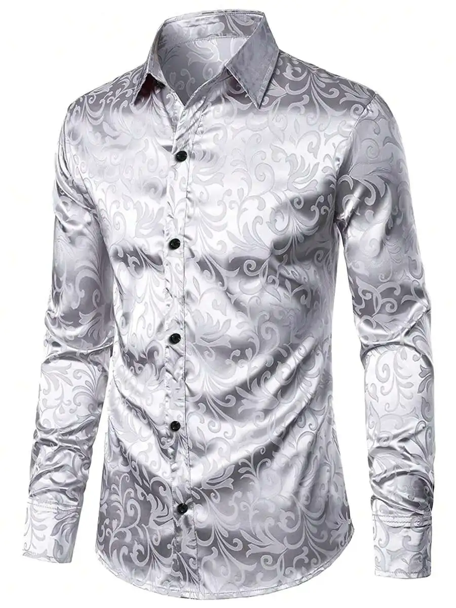 Men's Silver Baroque Jacquard Long Sleeve Shirt, Business Casual, Fall
Men's Silver Baroque Jacquard Long Sleeve Shirt, Business Casual, Fall