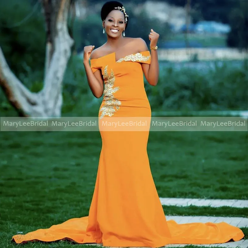 Dark Orange Mermaid Evening Dresses With Applique Off the Shoulder Stretch Satin Long Train Night Party Dress robes de soirée
Dark Orange Mermaid Evening Dresses With Applique Off the Shoulder Stretch Satin Long Train Night Party Dress robes de soirée