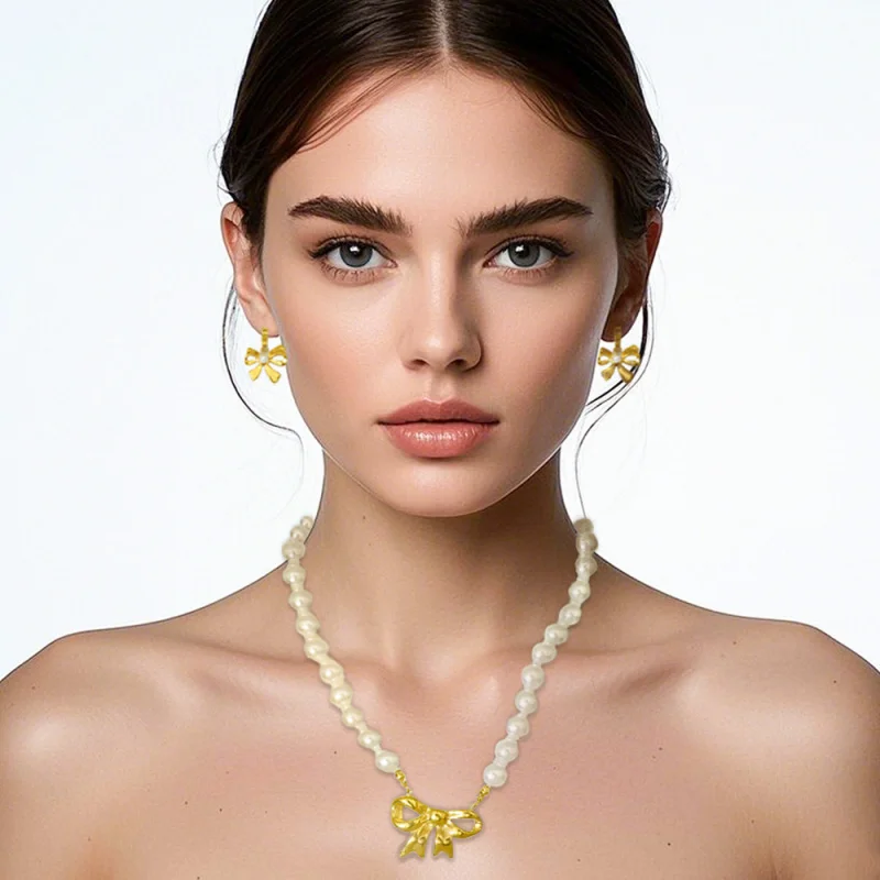 Hot Selling European and American Boutique Bowknot Earrings Versatile High-end Alloy Bowknot Pearl Necklace 
Hot Selling European and American Boutique Bowknot Earrings Versatile High-end Alloy Bowknot Pearl Necklace