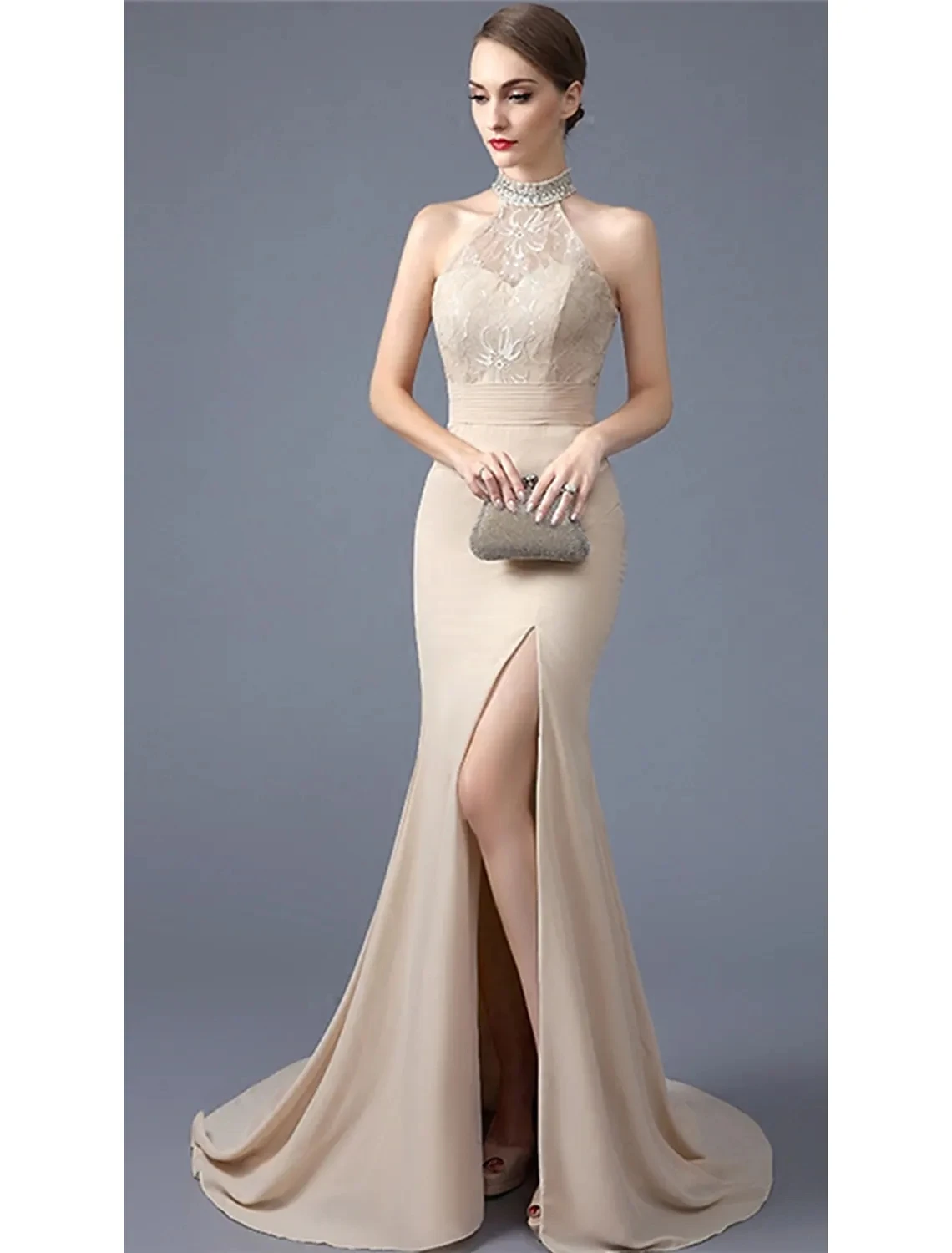 Sexy Champagne Mermaid Prom Dresses High Neck Chiffon Backless Lace Slit Evening Party Gowns Vestidos Longo Robes De Soirée
Sexy Champagne Mermaid Prom Dresses High Neck Chiffon Backless Lace Slit Evening Party Gowns Vestidos Longo Robes De Soirée