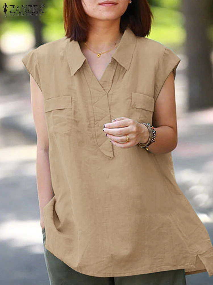 ZANZEA Casual Solid Color Tops Women Sleeveless Vintage Lapel Neck Blouse 2025 Elegant OL Work Shirts Short Sleeve Blusas Tunic
ZANZEA Casual Solid Color Tops Women Sleeveless Vintage Lapel Neck Blouse 2025 Elegant OL Work Shirts Short Sleeve Blusas Tunic