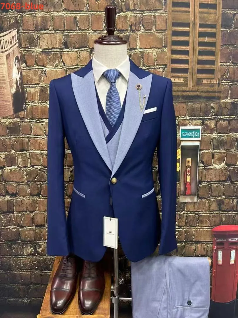 High Quality 3 Pieces Blue Men's Suit Formal Peak Lapel Slim Fit Groom Tuxedos Best Man Suits For Wedding/Elegant Business Suits
High Quality 3 Pieces Blue Men's Suit Formal Peak Lapel Slim Fit Groom Tuxedos Best Man Suits For Wedding/Elegant Business Suits