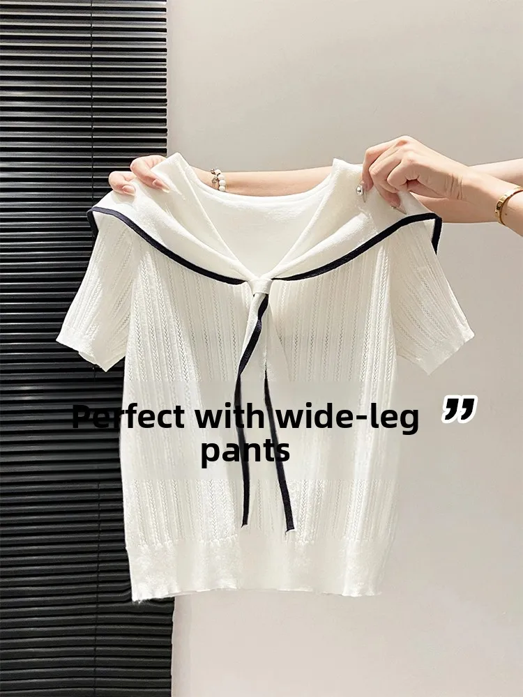Korean Style College Wind Navy Collar Knitted Shirt Women Summer Outfit Anti-Aging Slimming Short Sleeve T-Shirt Top
Korean Style College Wind Navy Collar Knitted Shirt Women Summer Outfit Anti-Aging Slimming Short Sleeve T-Shirt Top