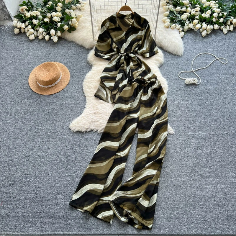 Women Two Pieces Pant Sets Print Short Sleeve Turn Down Collar Shirts Button Bandage Wide Leg Pants Suit Elegant Lady Autumn
Women Two Pieces Pant Sets Print Short Sleeve Turn Down Collar Shirts Button Bandage Wide Leg Pants Suit Elegant Lady Autumn