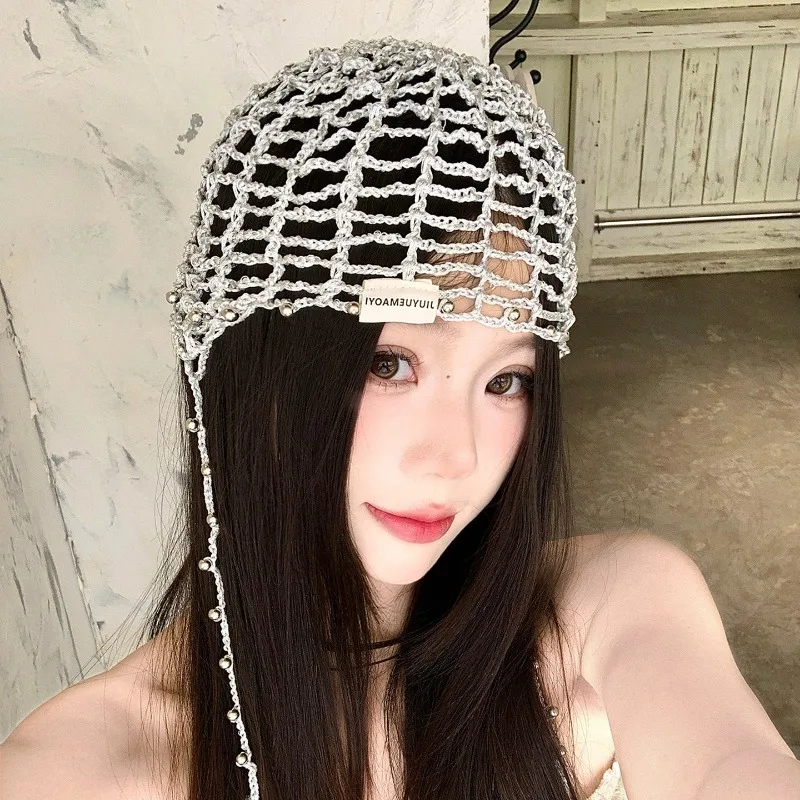 Korean Pearl Metal Chain Hollow Crochet Pullover Hat for Women Summer Thin Breathable Personality Short-brimmed Beanie Caps
Korean Pearl Metal Chain Hollow Crochet Pullover Hat for Women Summer Thin Breathable Personality Short-brimmed Beanie Caps