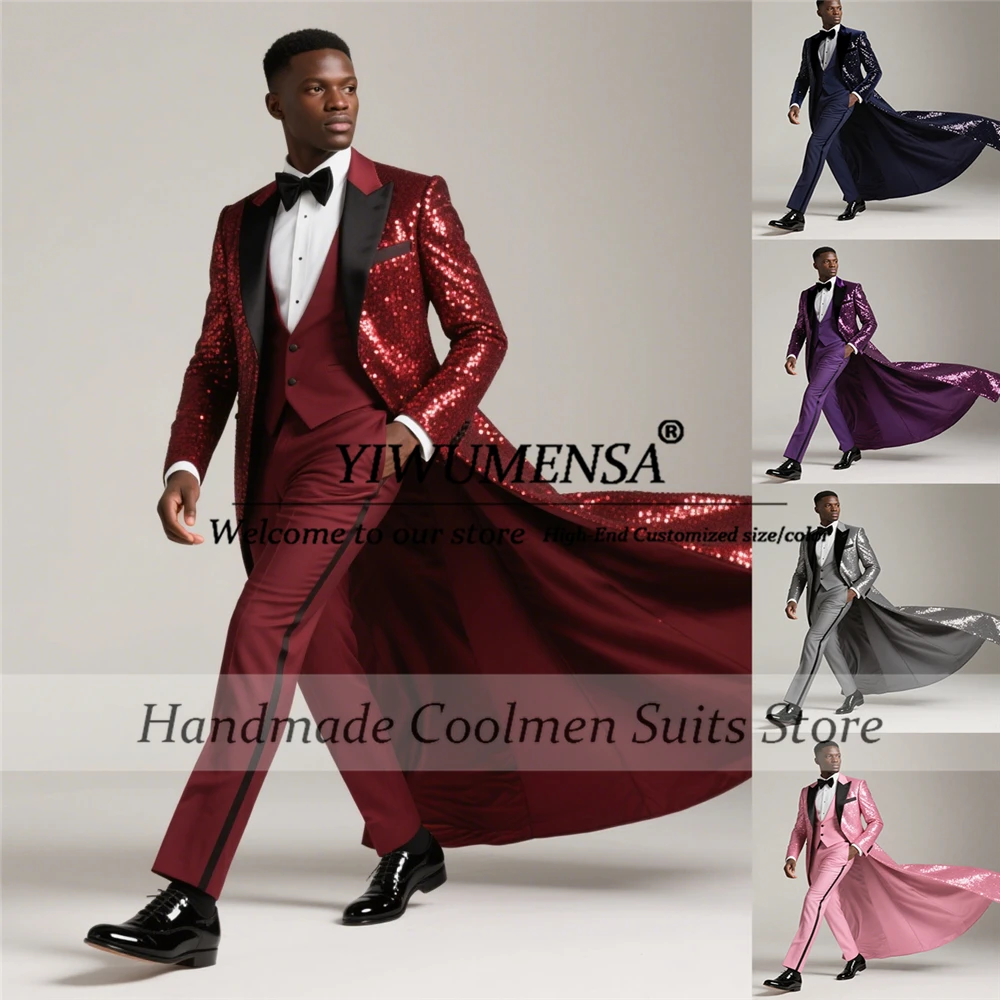 Sparkly Sequins Suits Men 3 Pieces Sets Black Peaked Lapel Groom Blazers Long Tail Customized Wedding Tuxedo costumes homme 2026
Sparkly Sequins Suits Men 3 Pieces Sets Black Peaked Lapel Groom Blazers Long Tail Customized Wedding Tuxedo costumes homme 2026