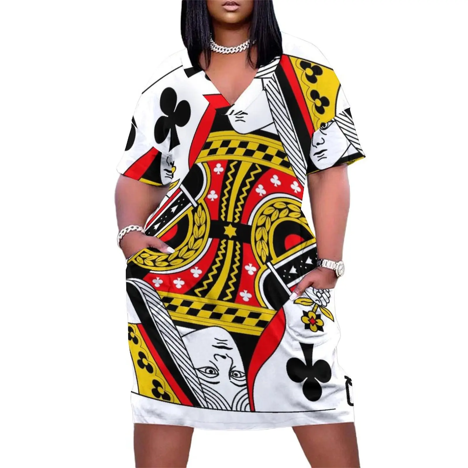 Queen of Clubs Classic Card Deck Casino Poker Q Clubs Loose Pocket Dress Clothing female women's summer jumpsuit Dresses gala
Queen of Clubs Classic Card Deck Casino Poker Q Clubs Loose Pocket Dress Clothing female women's summer jumpsuit Dresses gala