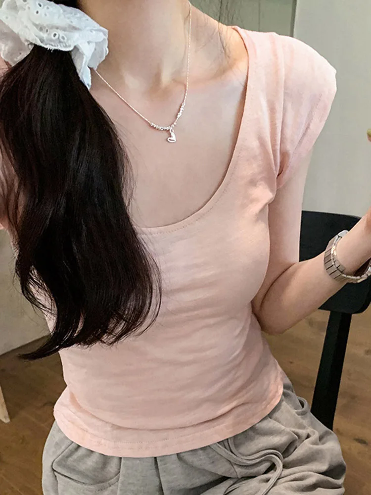 Slim Fit Low round Neck Short Sleeve Pink T-Shirt Spring Summer New Style Fashion Women's Top Thin Material Fly Sleeve Base Shir
Slim Fit Low round Neck Short Sleeve Pink T-Shirt Spring Summer New Style Fashion Women's Top Thin Material Fly Sleeve Base Shir
