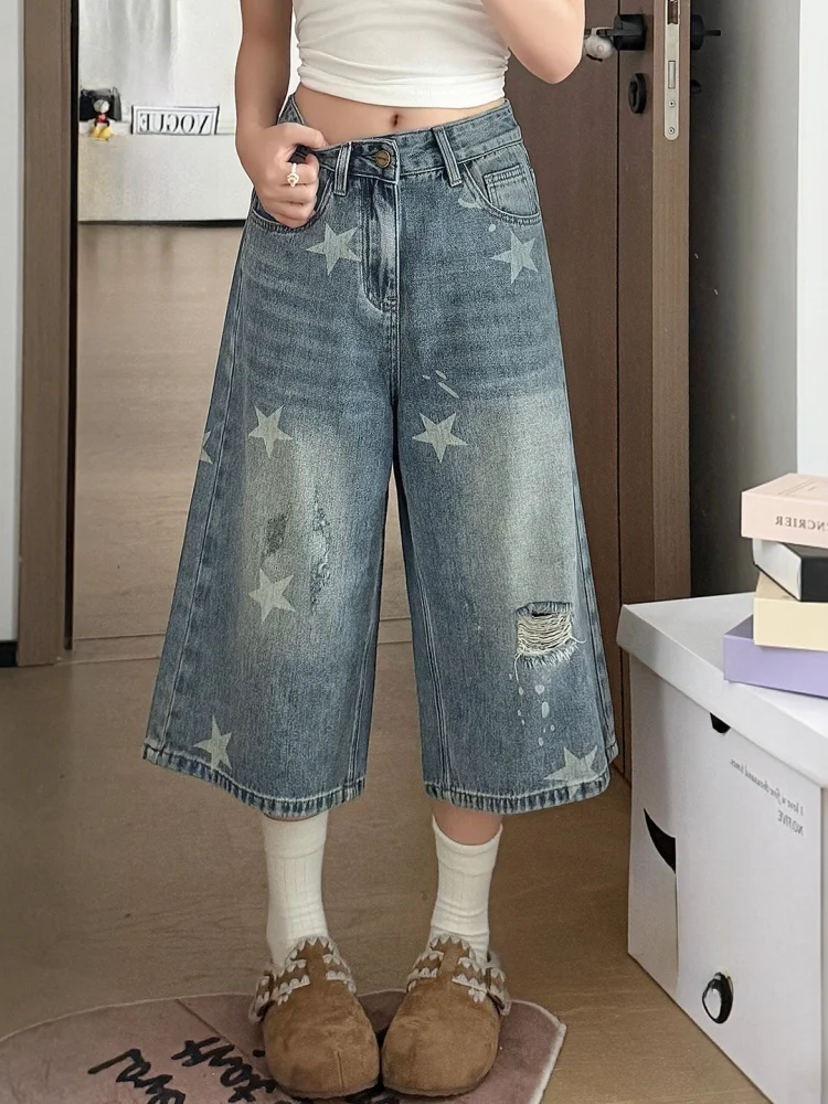 Retro Star Print High Waist Wide Leg Denim Capri Pants Women Summer Loose Slimming Casual Mid-Length Jeans
Retro Star Print High Waist Wide Leg Denim Capri Pants Women Summer Loose Slimming Casual Mid-Length Jeans