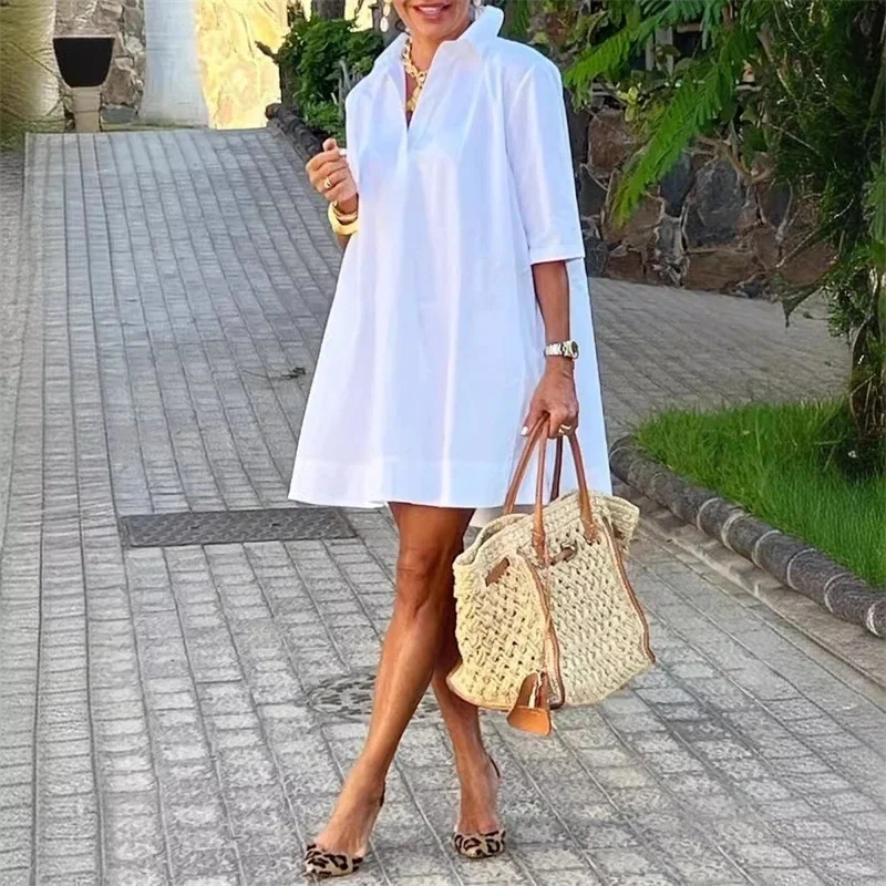 Fashion Women's White Shirt Dress Summer Half Sleeves Loose Solid Color Lapel Loose Casual Deep V-neck Mini Dresses
Fashion Women's White Shirt Dress Summer Half Sleeves Loose Solid Color Lapel Loose Casual Deep V-neck Mini Dresses