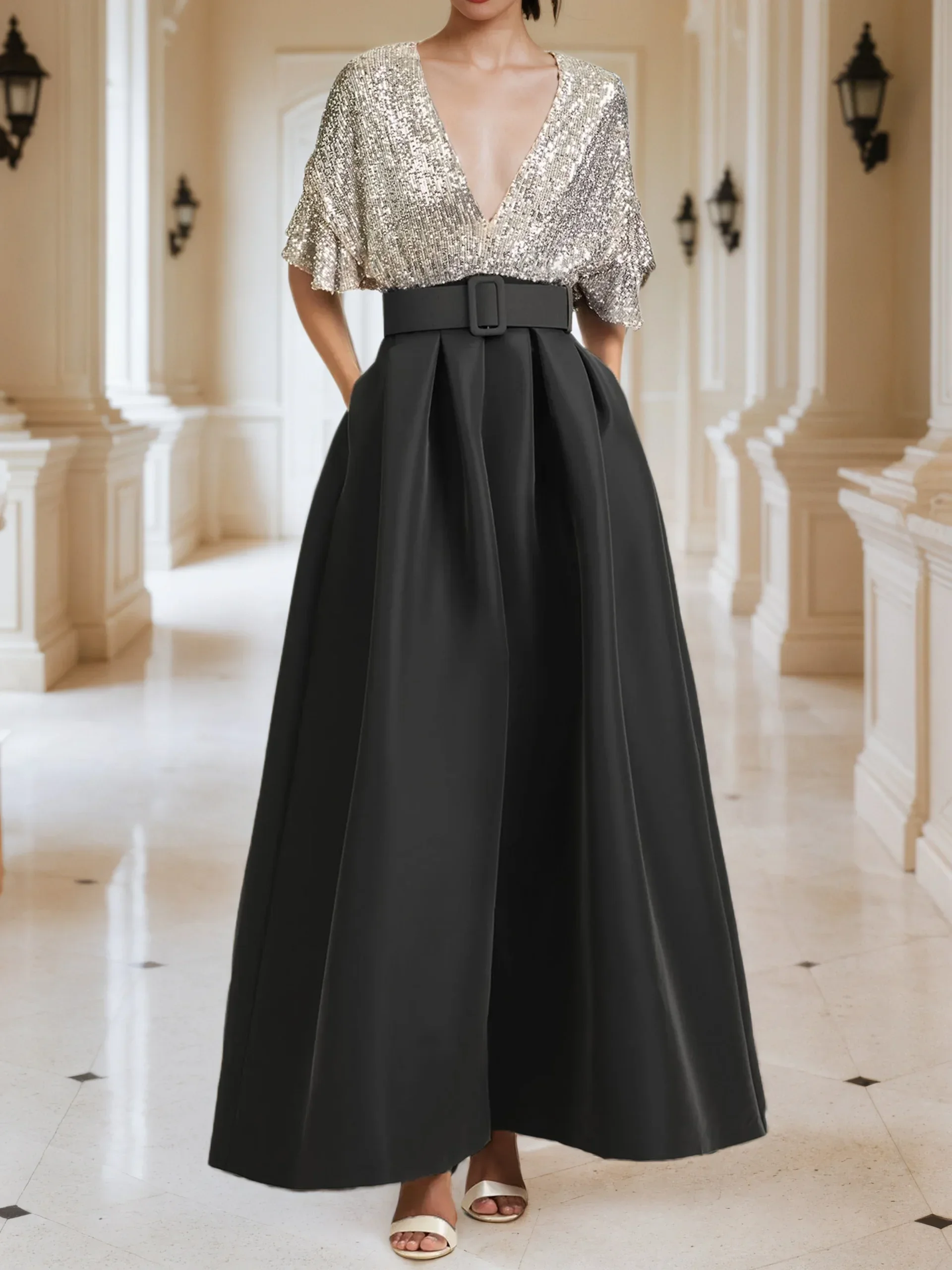 Women Sequin Dress Sexy V-Neck Short Sleeve High Waist Pleated A-Line Ruffle Sleeve Elegant Party Dress with Belt for Female
Women Sequin Dress Sexy V-Neck Short Sleeve High Waist Pleated A-Line Ruffle Sleeve Elegant Party Dress with Belt for Female