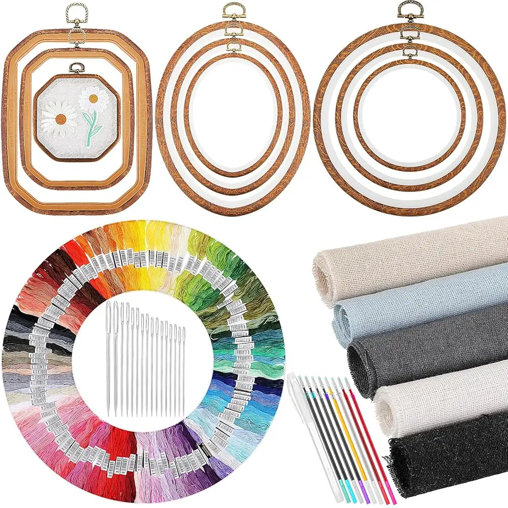 138 Pcs Embroidery Kit 9 Embroidery Hoop Frame 5 Colors Fabric 8 Colors Water Soluble Pens 100 Skeins Floss Cross Stitch Thr
138 Pcs Embroidery Kit 9 Embroidery Hoop Frame 5 Colors Fabric 8 Colors Water Soluble Pens 100 Skeins Floss Cross Stitch Thr