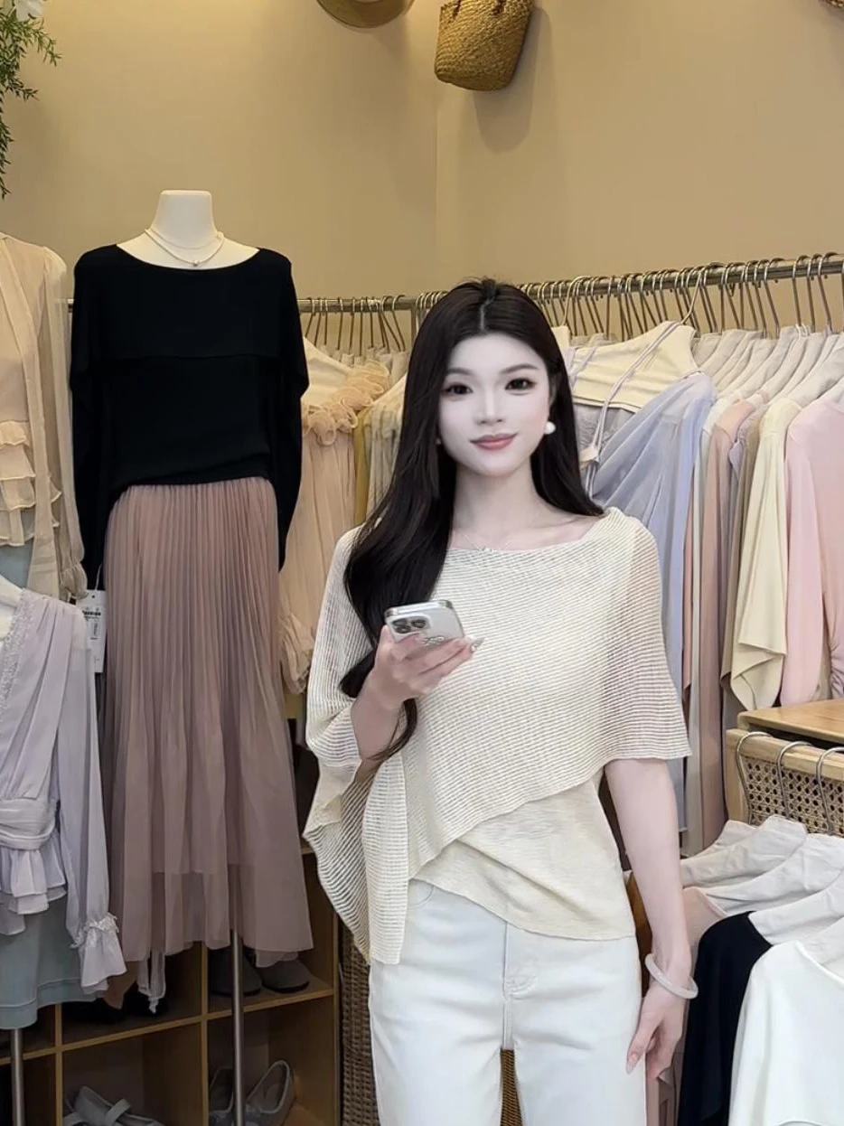 Korean Style Loose Short Sleeve Knitted Top Women's Summer 2026 New Relaxing Loose Slimming Personality Shoulder Shawl
Korean Style Loose Short Sleeve Knitted Top Women's Summer 2026 New Relaxing Loose Slimming Personality Shoulder Shawl