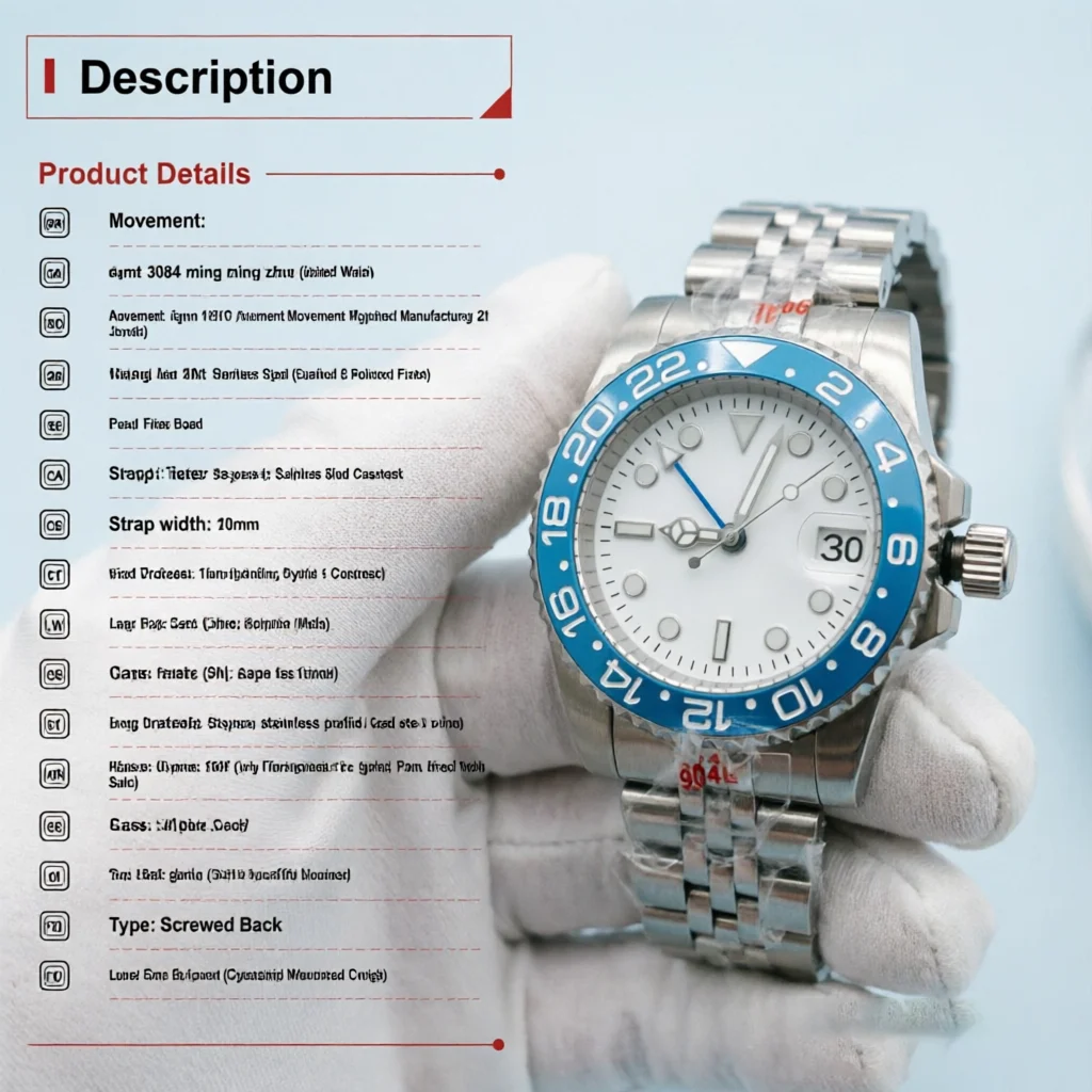 Parnsrpe 2026 New 3804 MingZhu GMT-Master II Watch Luxury GMT Style White Dial Blue Bezel Sapphire 316L Steel Date
Parnsrpe 2026 New 3804 MingZhu GMT-Master II Watch Luxury GMT Style White Dial Blue Bezel Sapphire 316L Steel Date