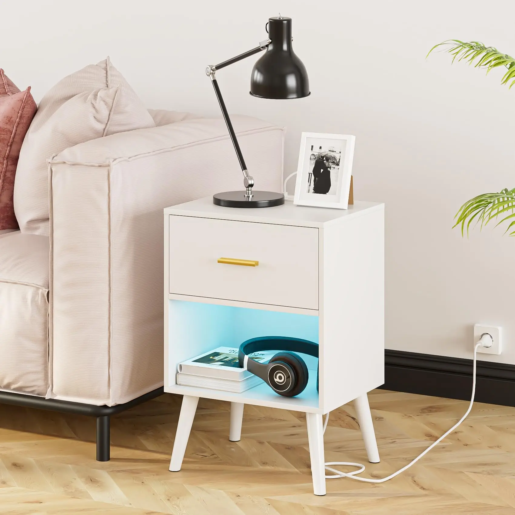 Modern White Nightstand With Drawer, LED-Lit Open Shelf, And Power Outlet For Bedroom Or Living Room
Modern White Nightstand With Drawer, LED-Lit Open Shelf, And Power Outlet For Bedroom Or Living Room