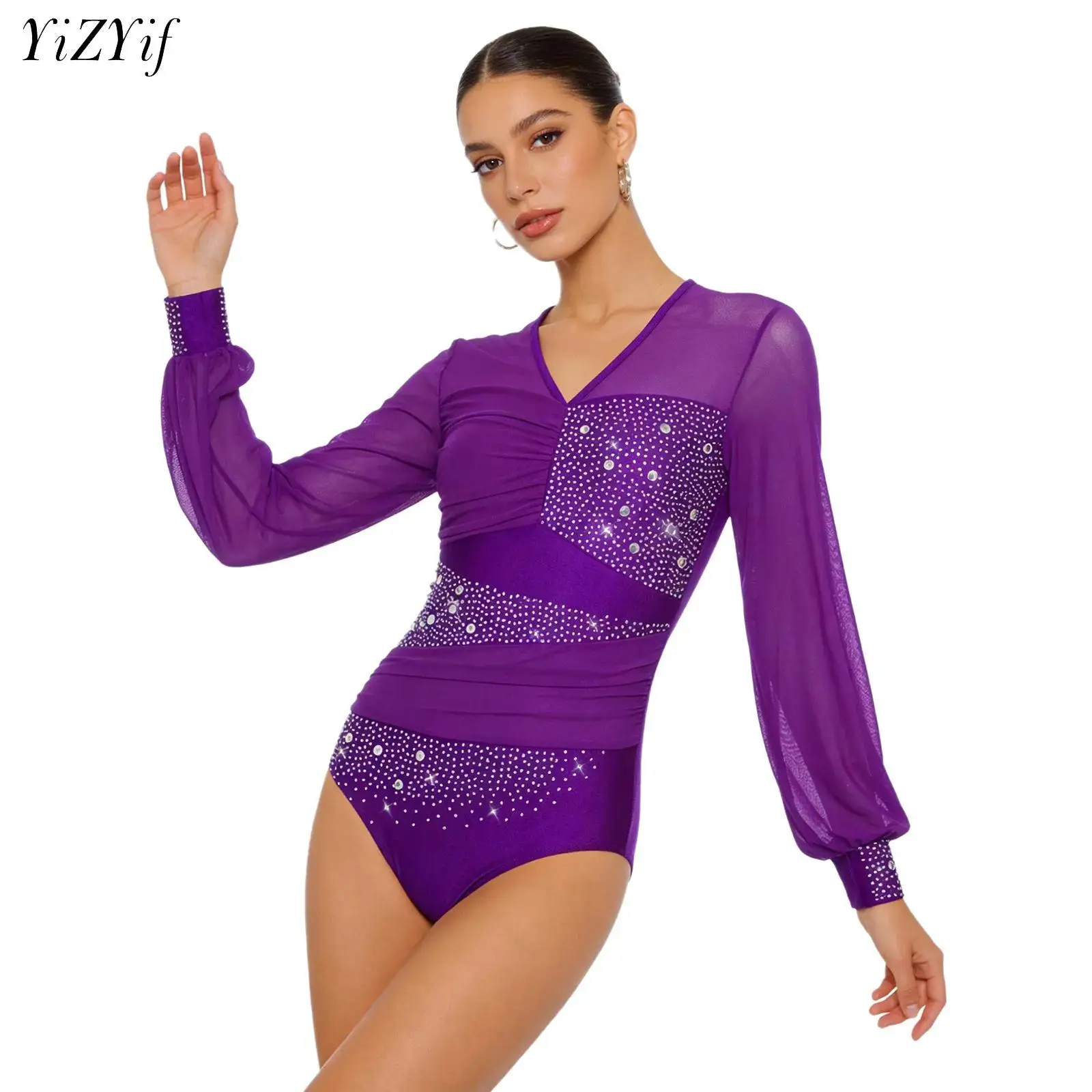 Womens Gymnastics Leotard Shiny Rhinestones V Neck Mesh Long Sleeve Backless Bodysuit for Figuring Skating Tango Latin Dance
Womens Gymnastics Leotard Shiny Rhinestones V Neck Mesh Long Sleeve Backless Bodysuit for Figuring Skating Tango Latin Dance