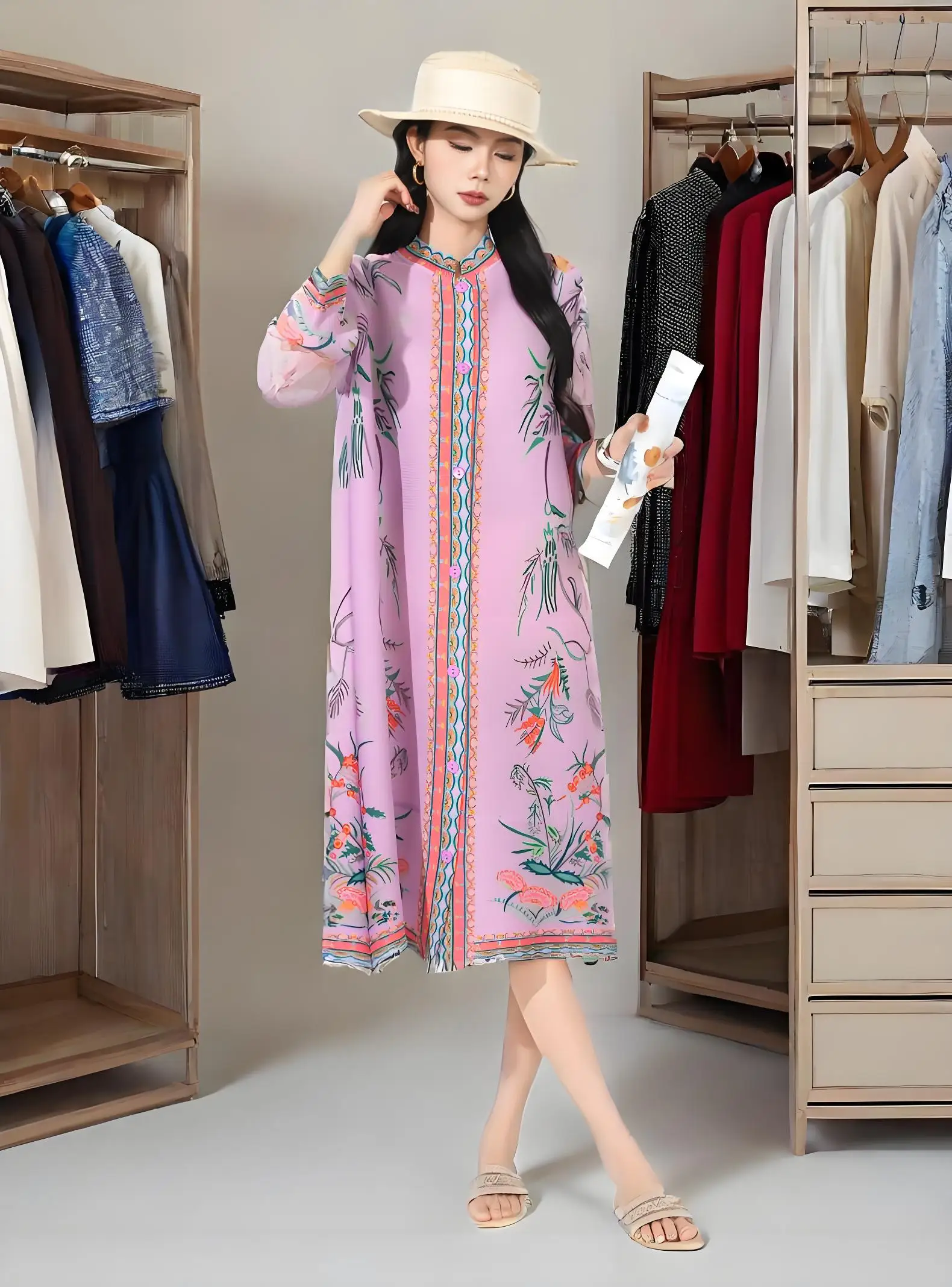 Miyake Pleated 2025 Printed Dress Chinese Style Casual Peplum Loose Standing Collar Single Breasted Stretch Cardigan Midi Dress
Miyake Pleated 2025 Printed Dress Chinese Style Casual Peplum Loose Standing Collar Single Breasted Stretch Cardigan Midi Dress