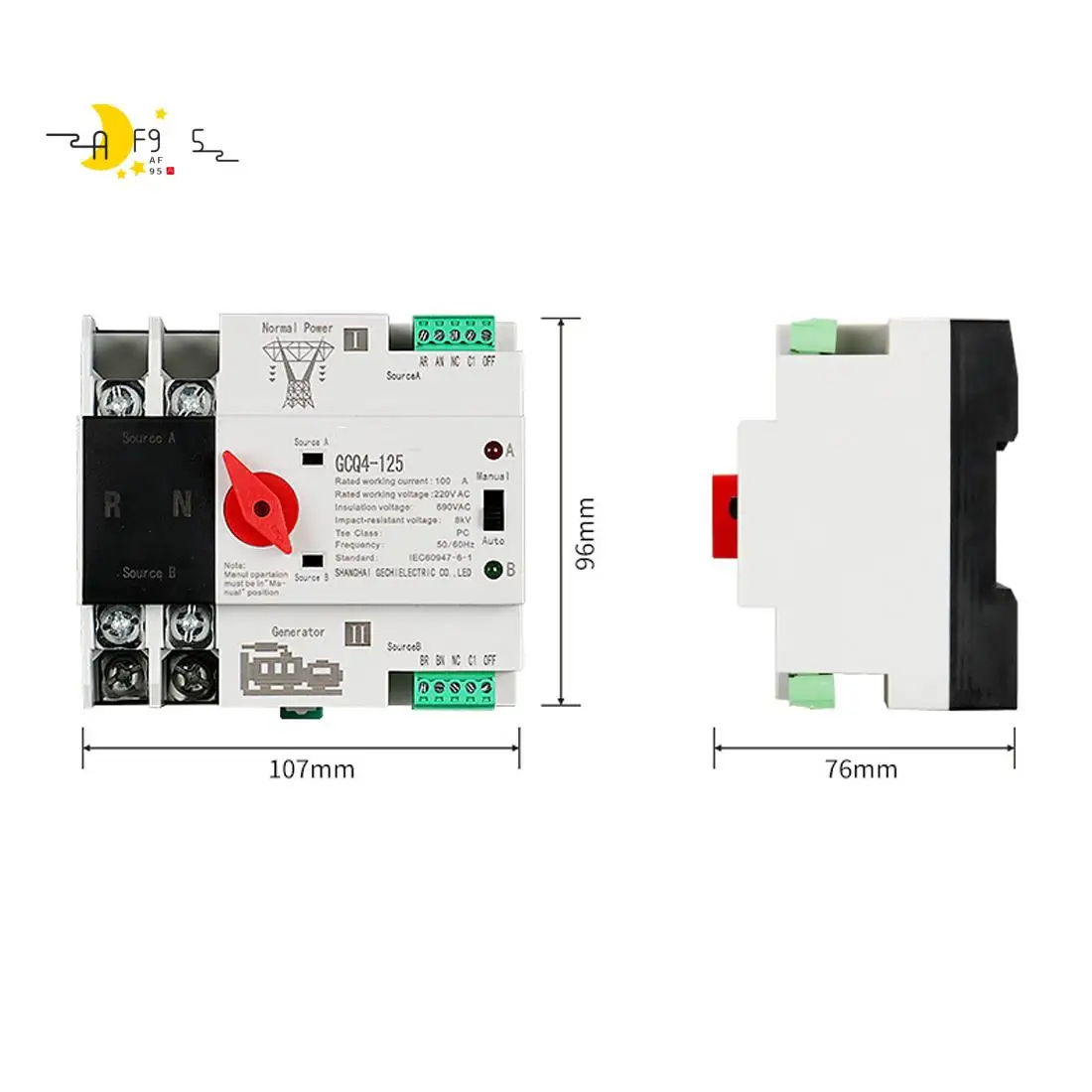 AF95-Single Phase Din Rail ATS 220V PC Dual Power Automatic Transfer Switch 2P Household Power Transfer Switch 50/60Hz
AF95-Single Phase Din Rail ATS 220V PC Dual Power Automatic Transfer Switch 2P Household Power Transfer Switch 50/60Hz