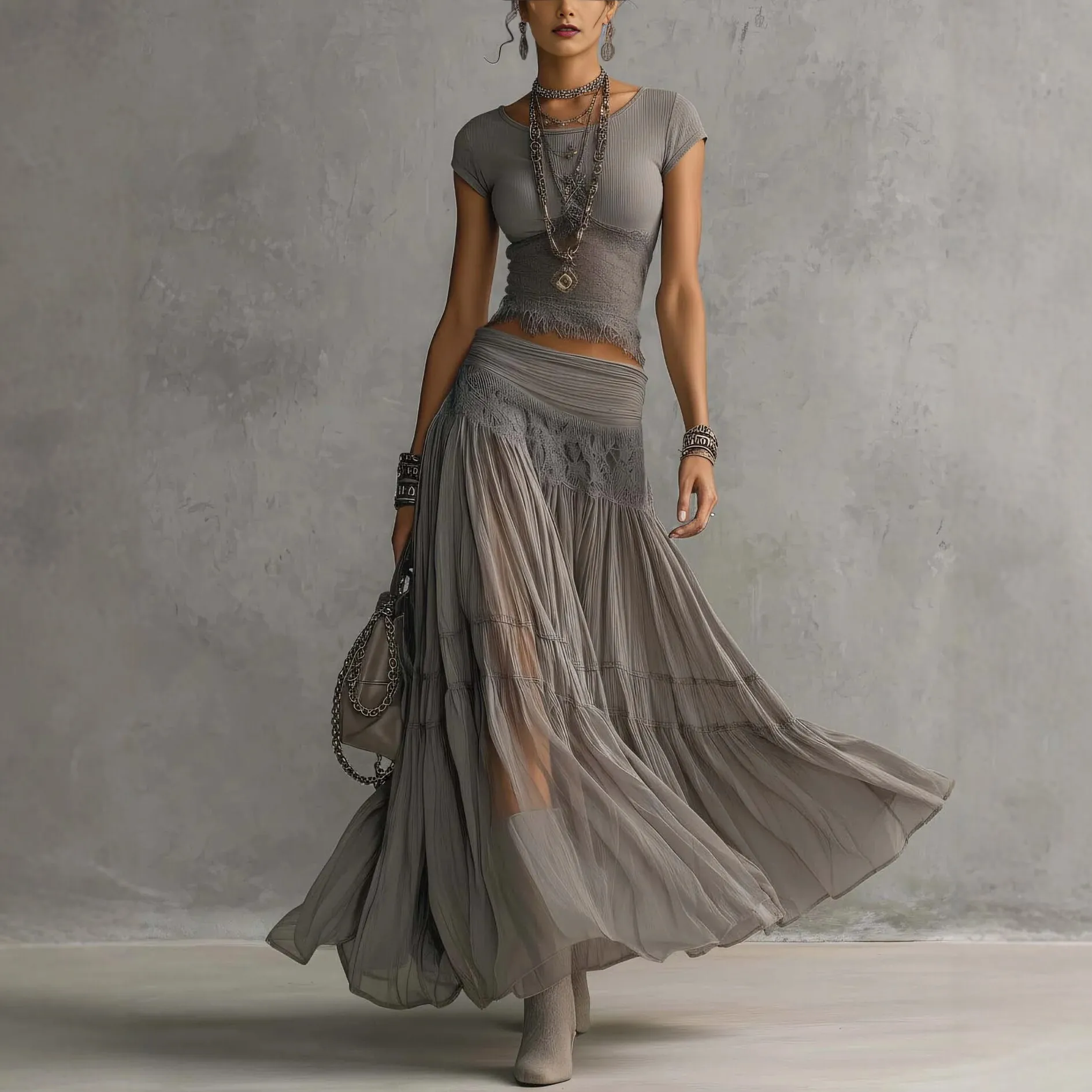 Skirt Set 2026 Independent Station Grey Knitted Top Chiffon Long Skirt Set Women's Fashion Two Piece Set
Skirt Set 2026 Independent Station Grey Knitted Top Chiffon Long Skirt Set Women's Fashion Two Piece Set