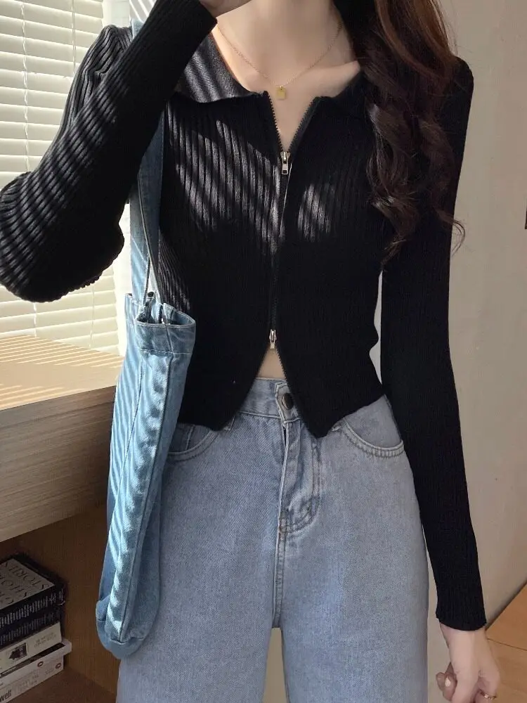 Black Double Zipper Collared Long Sleeve Knitted Open Cardigan Women's Early Spring Short Waist-Cinching Sweater Jacket Base ...
Black Double Zipper Collared Long Sleeve Knitted Open Cardigan Women's Early Spring Short Waist-Cinching Sweater Jacket Base ...