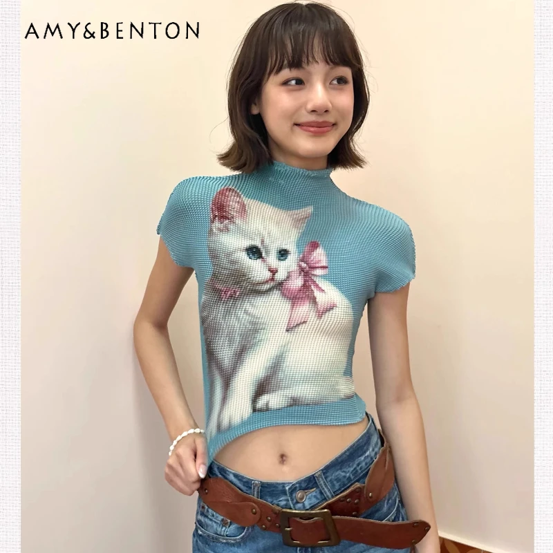 Japanese Women's Tops Blue-gray Cartoon Pleated T-shirt Showing Thin Cool Personality Summer Printing Short Sleeves Y2k Clothes
Japanese Women's Tops Blue-gray Cartoon Pleated T-shirt Showing Thin Cool Personality Summer Printing Short Sleeves Y2k Clothes