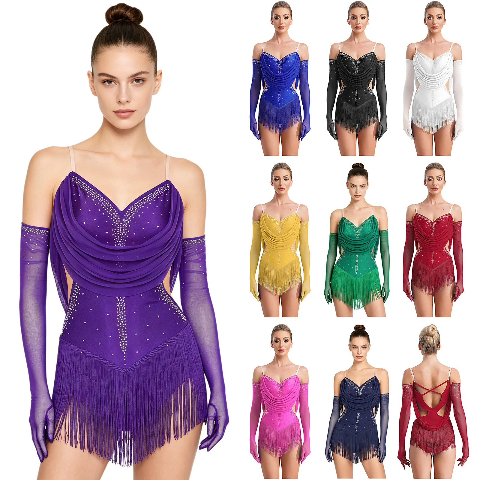 Women Figure Skating Dress Latin Dance Cha-cha Samba Tango Leotard Sleeveless Rhinestones Tassel Bodysuit with Gloves Dancewear
Women Figure Skating Dress Latin Dance Cha-cha Samba Tango Leotard Sleeveless Rhinestones Tassel Bodysuit with Gloves Dancewear