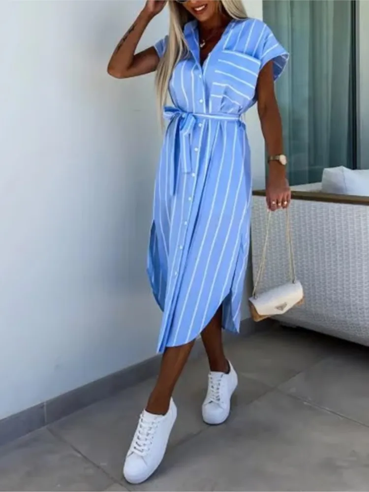 Fashionable Striped Print Casual Lapel Mid Length Skirt Slimming Summer New Single Breasted Shirt Dress For Women
Fashionable Striped Print Casual Lapel Mid Length Skirt Slimming Summer New Single Breasted Shirt Dress For Women