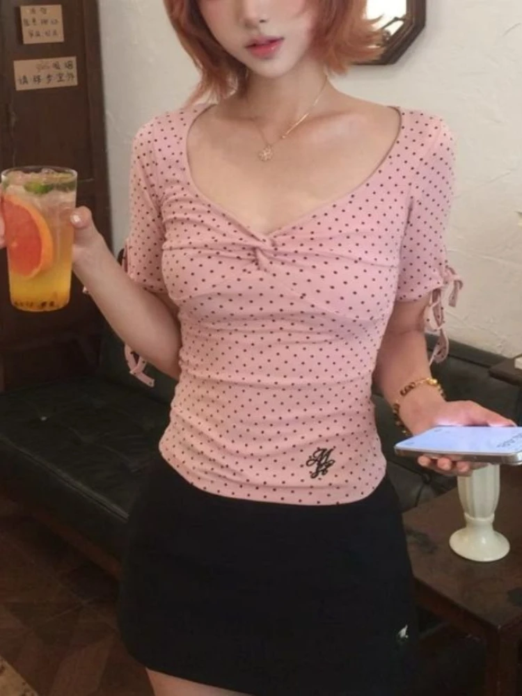 Deeptown Sweet Polka Dot T-shirts Women Sexy Elegant Pink Y2k V-neck Tops Korean Fashion 2000s Vintage Slim Short Sleeve Tees
Deeptown Sweet Polka Dot T-shirts Women Sexy Elegant Pink Y2k V-neck Tops Korean Fashion 2000s Vintage Slim Short Sleeve Tees