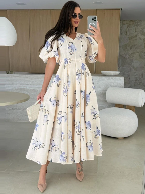 Женское летнее платье с цветочным принтом, коротким рукавом, поясом, длинной юбкой, завышенной талией, V-образным вырезом и застежкой-молнией, эффект стройности
Женское летнее платье с цветочным принтом, коротким рукавом, поясом, длинной юбкой, завышенной талией, V-образным вырезом и застежкой-молнией, эффект стройности