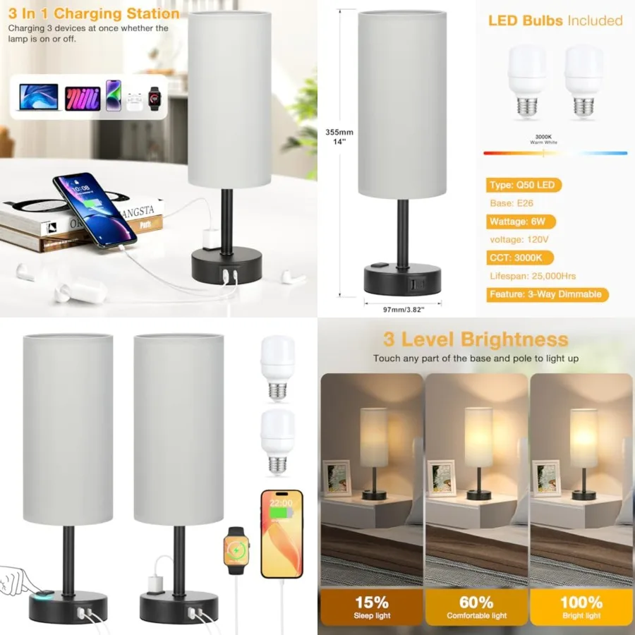 Grey Touch Table Lamps Set of 2-3 Way Dimmable Bedroom Lamps for Bedside with USB C and A Ports, Small Nightstand Lamps with AC
Grey Touch Table Lamps Set of 2-3 Way Dimmable Bedroom Lamps for Bedside with USB C and A Ports, Small Nightstand Lamps with AC