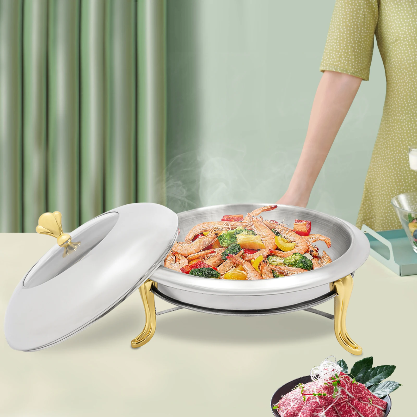 Горячий горшок для буфета из нержавеющей стали, круглая кухонная посуда без ушей с стеклянной крышкой (золотистая 26 см) 
Горячий горшок для буфета из нержавеющей стали, круглая кухонная посуда без ушей с стеклянной крышкой (золотистая 26 см)