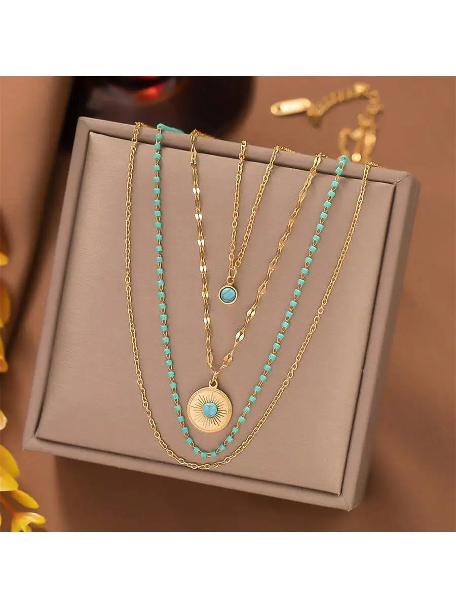 Multi-Layer Stainless Steel Necklace With Turquoise Beads And Circular Pendant Unisex Fashion Jewelry
Multi-Layer Stainless Steel Necklace With Turquoise Beads And Circular Pendant Unisex Fashion Jewelry