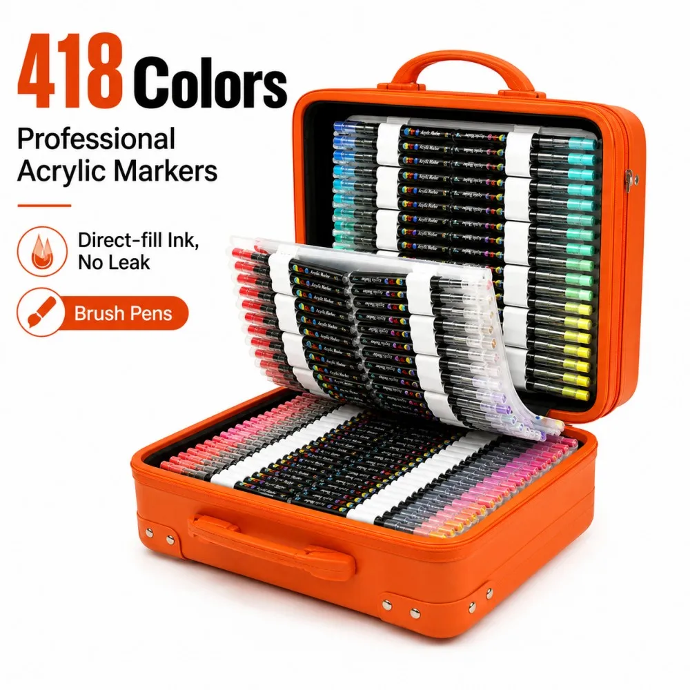 418 Colors Professional Acrylic Marker Set Suitcase Direct Ink Soft Brush Tip Paint for Rock Glass Wood Canvas DIY Graffiti
418 Colors Professional Acrylic Marker Set Suitcase Direct Ink Soft Brush Tip Paint for Rock Glass Wood Canvas DIY Graffiti
