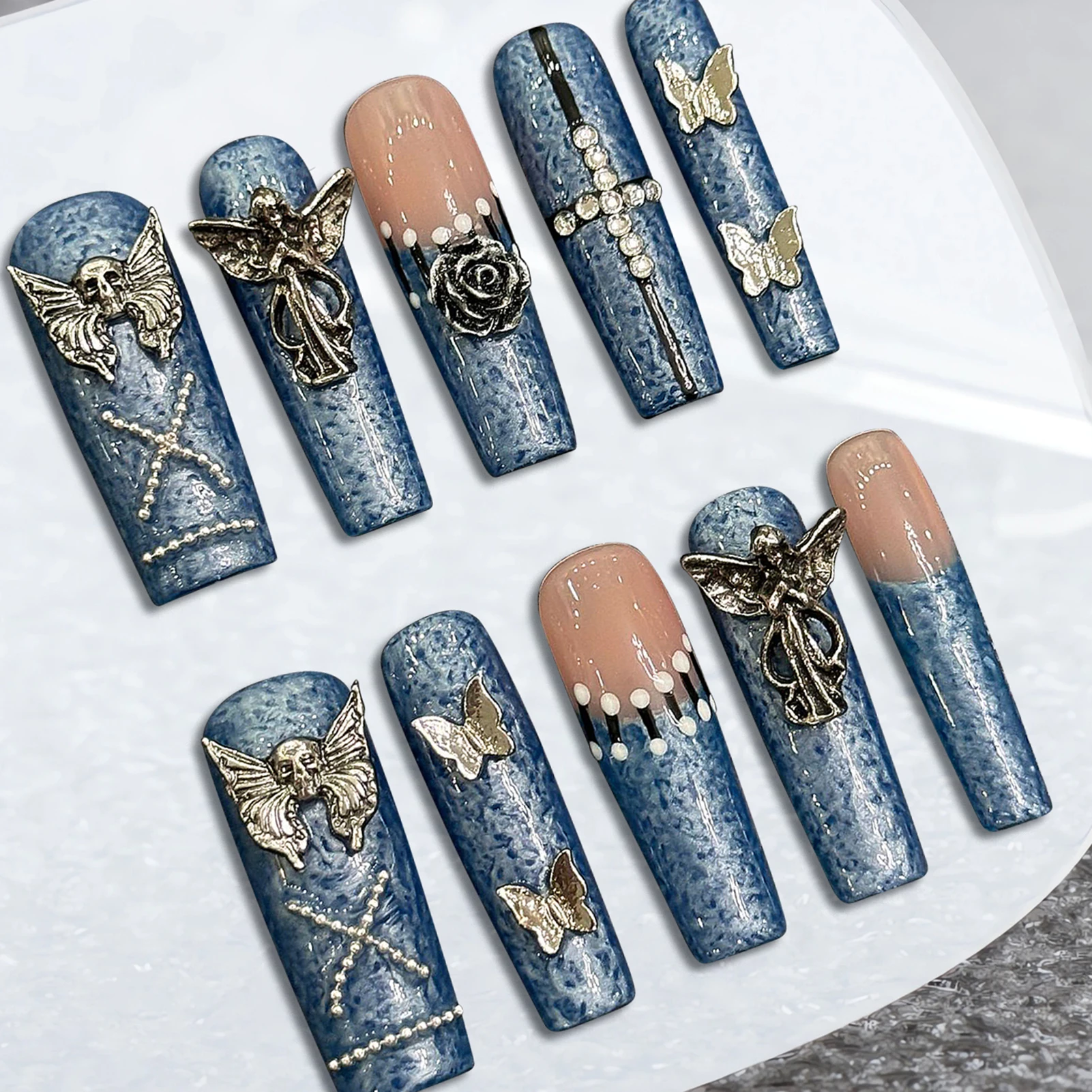 Handmade Press on Nails Heavy Metal Punk Style Long Ballet Coffin False Nails with Butterfly Angel Skull Decor Fake Nail Tips
Handmade Press on Nails Heavy Metal Punk Style Long Ballet Coffin False Nails with Butterfly Angel Skull Decor Fake Nail Tips