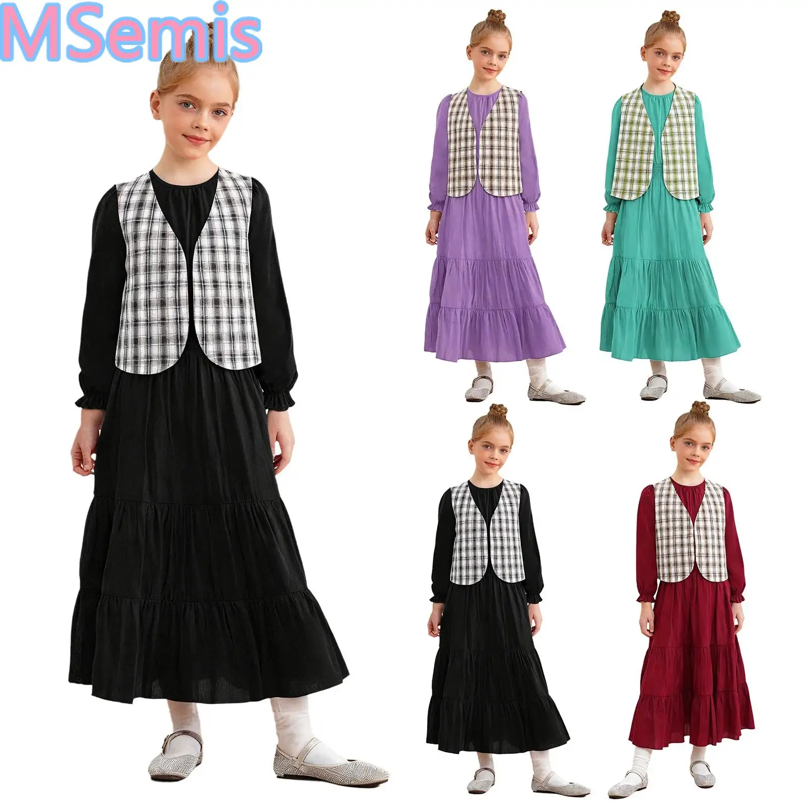 Kids Girls Dress Outfits Puff Sleeves Smocked Waist Tiered Ruffled Dress And Plaid And Checkers Vest with Adjustable Back Strap
Kids Girls Dress Outfits Puff Sleeves Smocked Waist Tiered Ruffled Dress And Plaid And Checkers Vest with Adjustable Back Strap