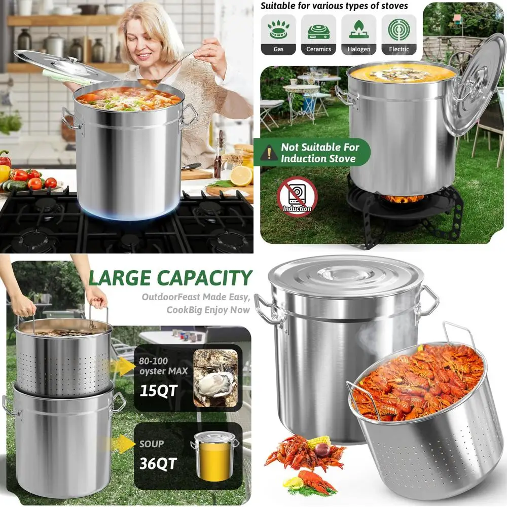 Large 36-Quart Stainless Steel Seafood Pot with Lid, Perfect for Crab, Lobster, and Shrimp Boiling, Outdoor Fryer, Stock Boiler
Large 36-Quart Stainless Steel Seafood Pot with Lid, Perfect for Crab, Lobster, and Shrimp Boiling, Outdoor Fryer, Stock Boiler