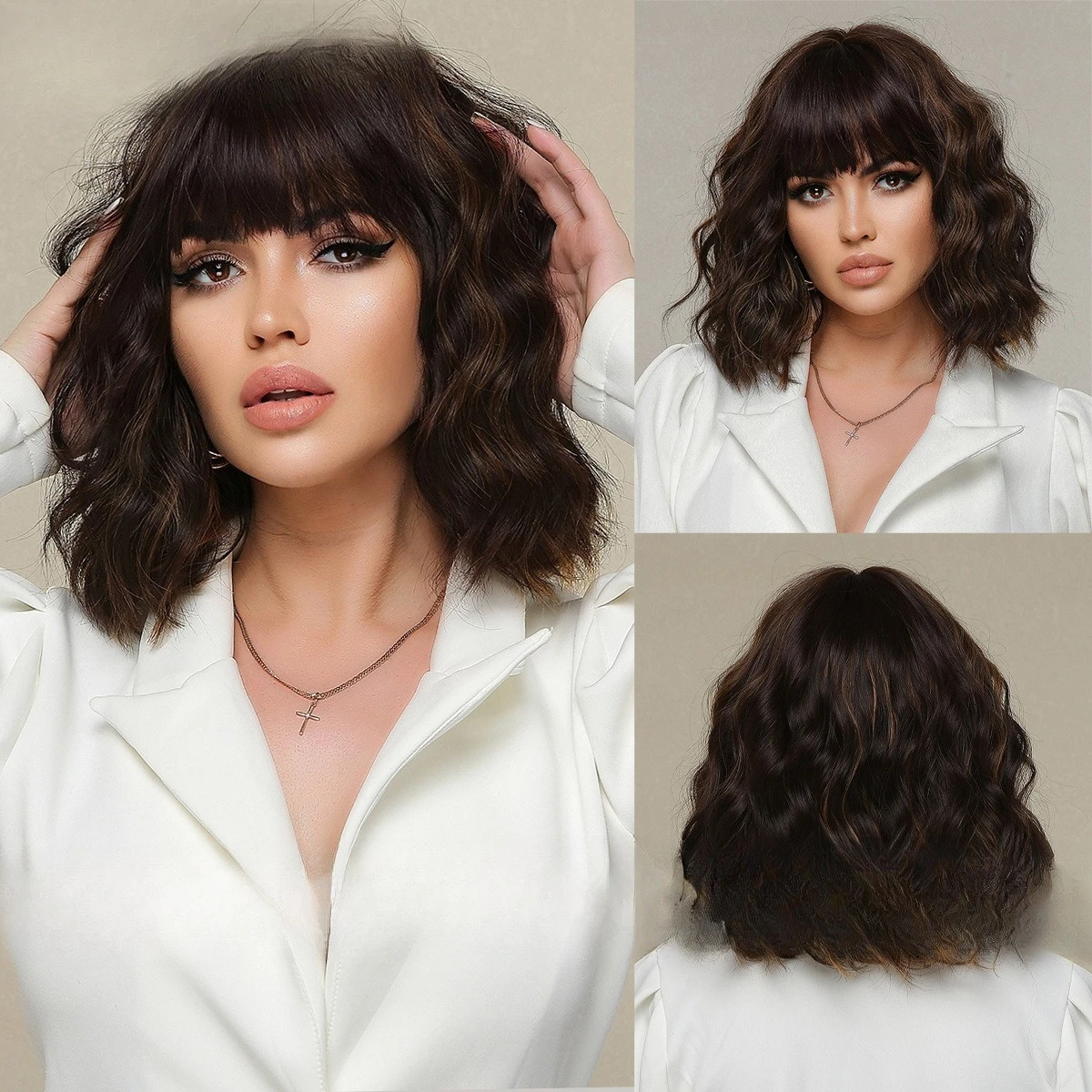 Hot-selling wig women in Europe and America, black and brown with bangs, shoulder-length curly hair, full head cover wig.
Hot-selling wig women in Europe and America, black and brown with bangs, shoulder-length curly hair, full head cover wig.
