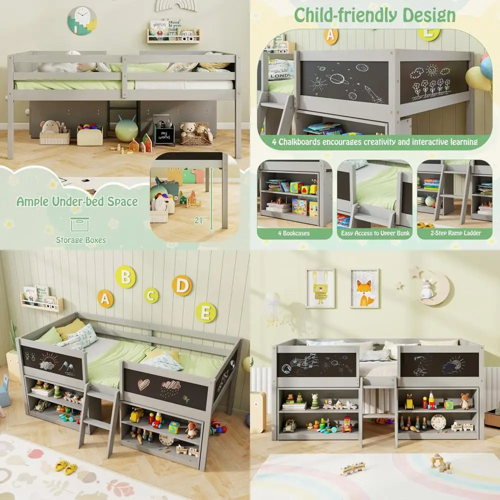 Twin Size Kids Loft Bed with Storage, Chalkboard, Ladder, and Play Area, Solid Wood, Grey
Twin Size Kids Loft Bed with Storage, Chalkboard, Ladder, and Play Area, Solid Wood, Grey