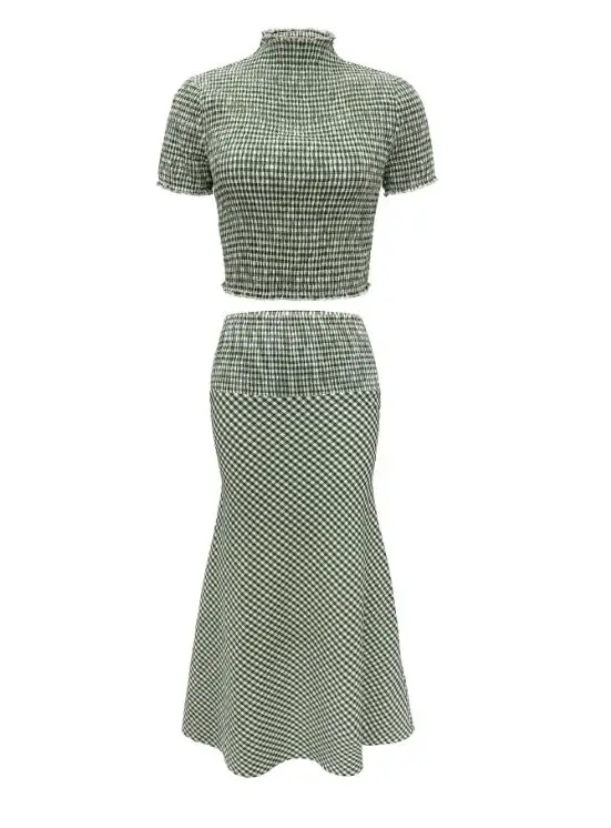Two Piece Set Women Outfit 2026 New Spring Summer Casual High Neck Short Sleeve Crop Top & High Waist A-Line Plaid Skirt Set
Two Piece Set Women Outfit 2026 New Spring Summer Casual High Neck Short Sleeve Crop Top & High Waist A-Line Plaid Skirt Set
