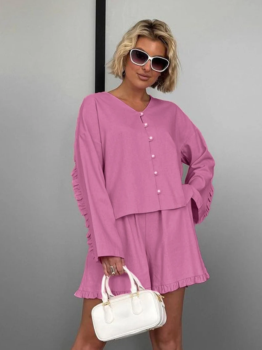 Marthaqiqi Pink Casual Ladies Sleepwear 2 Piece Suit Sexy V-Neck Pajamas Long Sleeve Nightwear Shorts Loose Home Clothes Female
Marthaqiqi Pink Casual Ladies Sleepwear 2 Piece Suit Sexy V-Neck Pajamas Long Sleeve Nightwear Shorts Loose Home Clothes Female
