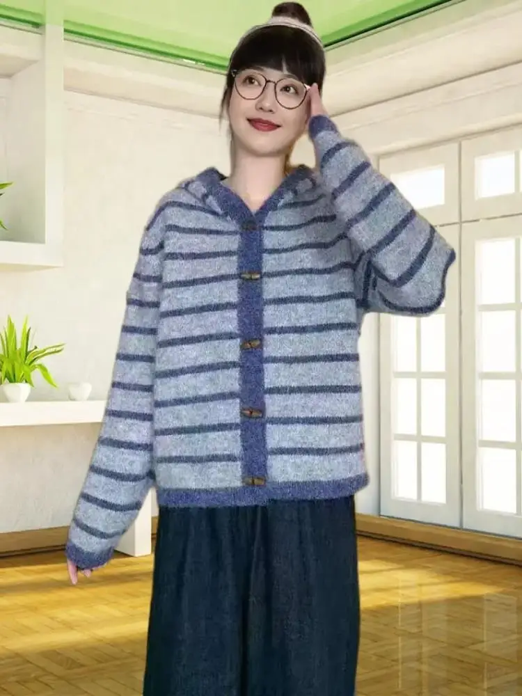 Hooded Retro Striped Button-Up Knitwear Soft Casual Autumn Winter Korean Sle Sweater Coat Women's Faion Comfortable Knitt...
Hooded Retro Striped Button-Up Knitwear Soft Casual Autumn Winter Korean Sle Sweater Coat Women's Faion Comfortable Knitt...