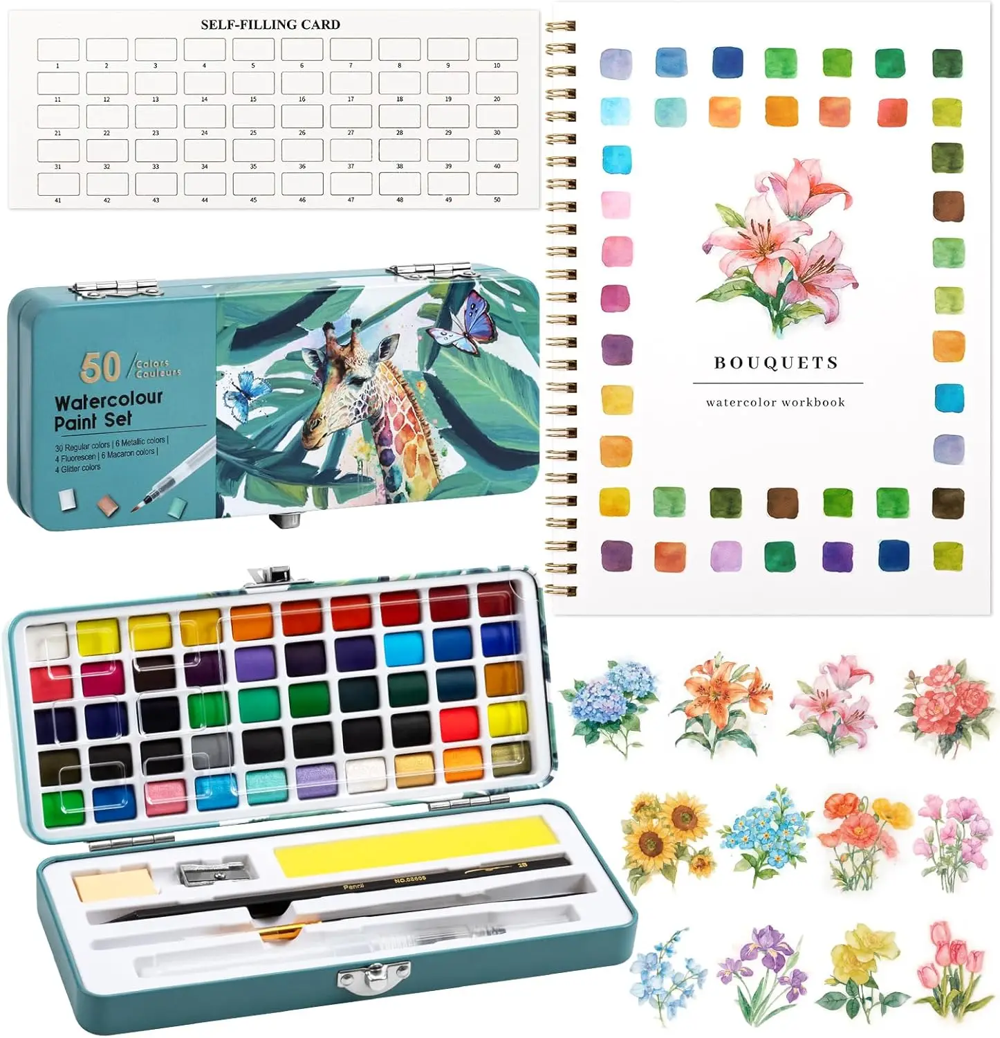 Watercolor Workbook: 12 Patterns, 50 Colors Paint Set with Palette & Brush, Beginner-Friendly DIY Bouquets
Watercolor Workbook: 12 Patterns, 50 Colors Paint Set with Palette & Brush, Beginner-Friendly DIY Bouquets