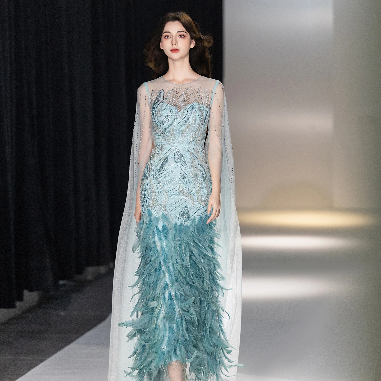 Sparkly Beaded Gradient Feather Mermaid Prom Dress Light Blue Deep V Mesh Cape Floor Length Evening Wedding Gown
Sparkly Beaded Gradient Feather Mermaid Prom Dress Light Blue Deep V Mesh Cape Floor Length Evening Wedding Gown
