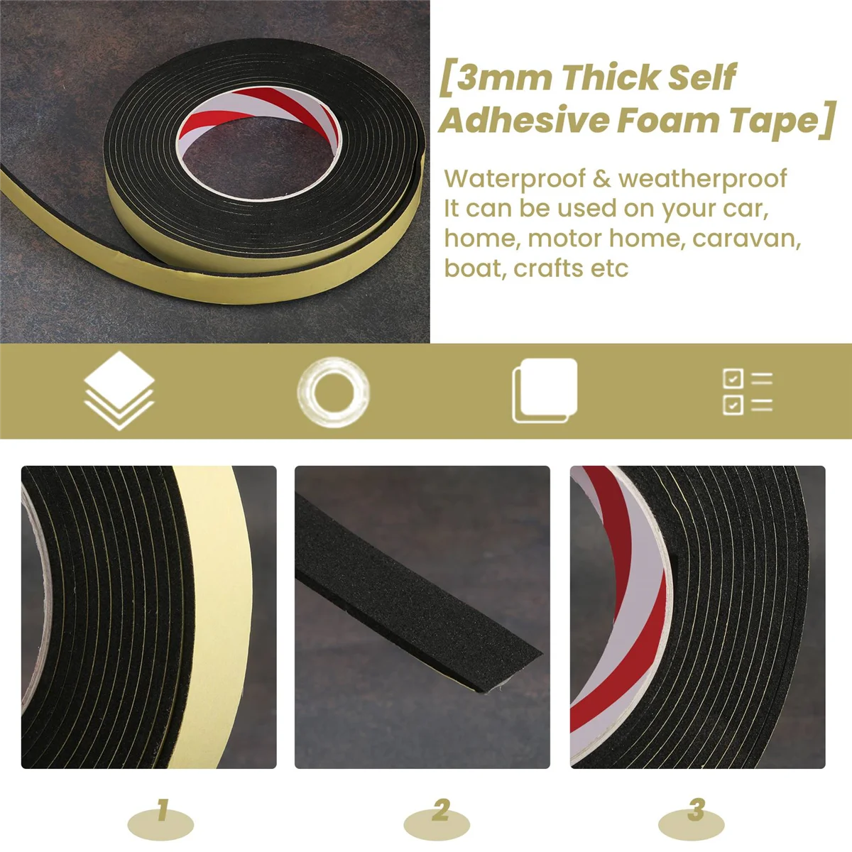 5m Black Single Sided Self Adhesive Foam Tape Closed Cell 20mm Wide x 3mm ThickJAS
5m Black Single Sided Self Adhesive Foam Tape Closed Cell 20mm Wide x 3mm ThickJAS