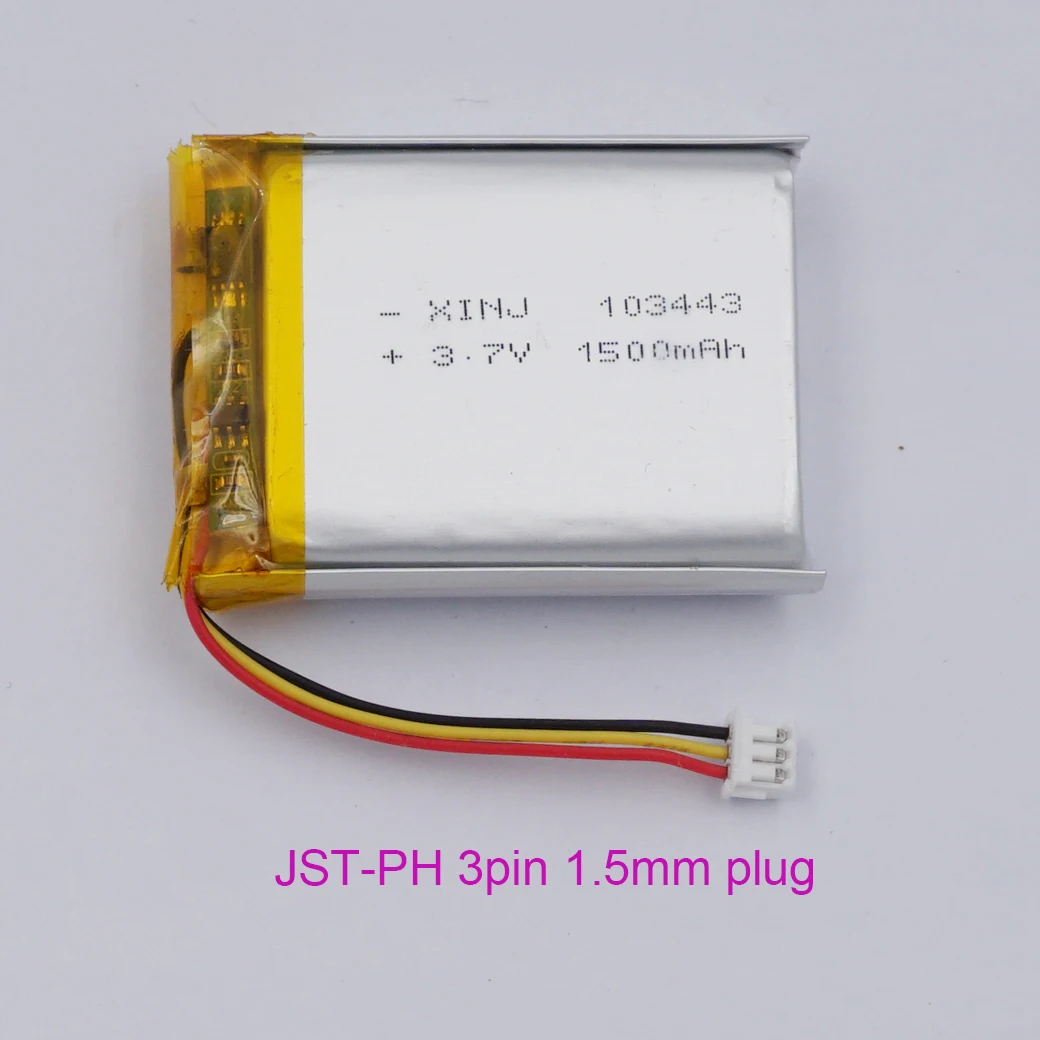 3.7V 1500mAh 5.55Wh 103443 JST 3Pin 1.5mm plug Li-Polymer NTC Thermistor Replacement Lipo Rechargeable Battery For GPS Tablet PC
3.7V 1500mAh 5.55Wh 103443 JST 3Pin 1.5mm plug Li-Polymer NTC Thermistor Replacement Lipo Rechargeable Battery For GPS Tablet PC