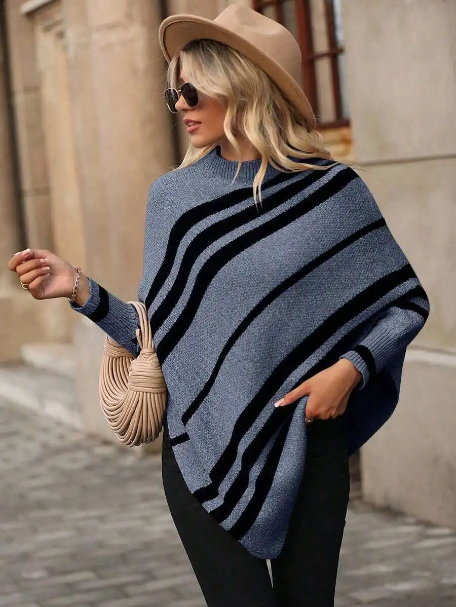 Striped Batwing Sleeve Asymmetrical Hem Knit Poncho Long Sleeve Sweater Fall Winter
Striped Batwing Sleeve Asymmetrical Hem Knit Poncho Long Sleeve Sweater Fall Winter